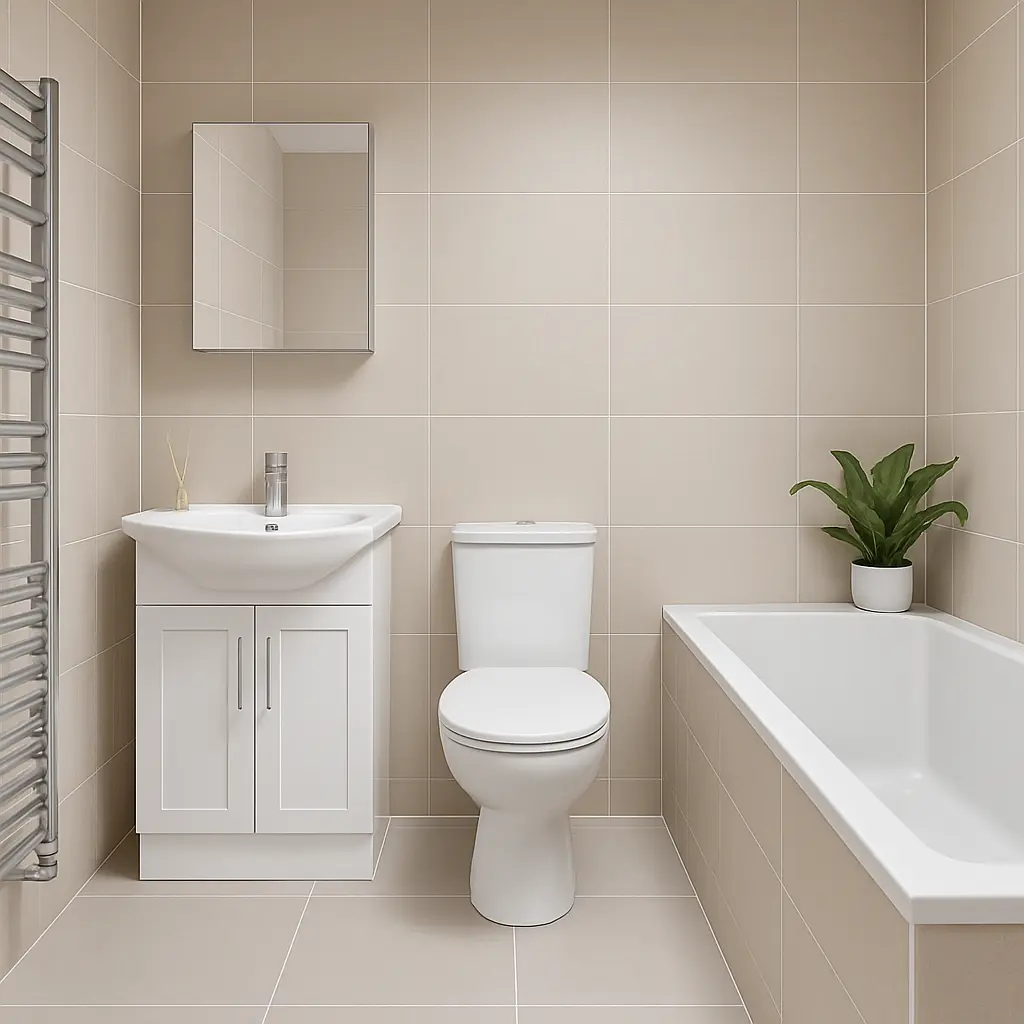 Modern tiled bathroom in Chicago with neutral tones, compact vanity, and updated fixtures.