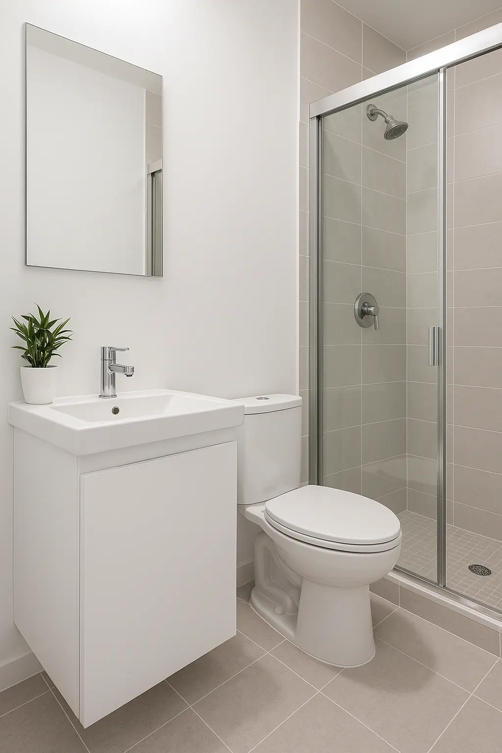Modern Chicago-area bathroom with clean tile walls, frameless glass shower, and a sleek white vanity.