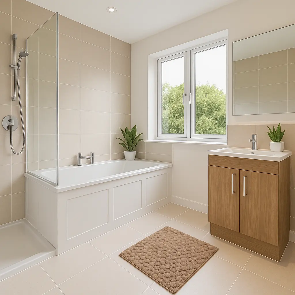 Chicago bathroom with tub-and-shower combo, large window, and wood vanity for a brighter remodel look.