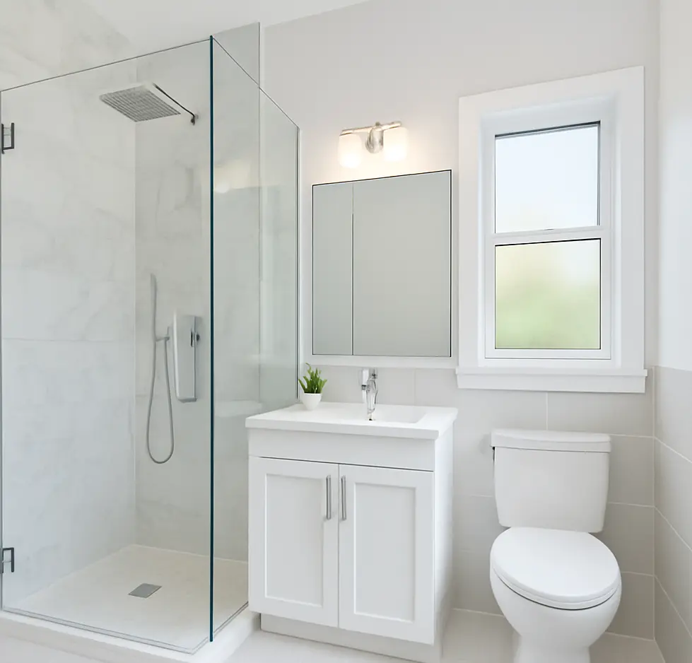 Bright white bathroom in Chicago with walk-in shower, tile walls, and a clean modern vanity.