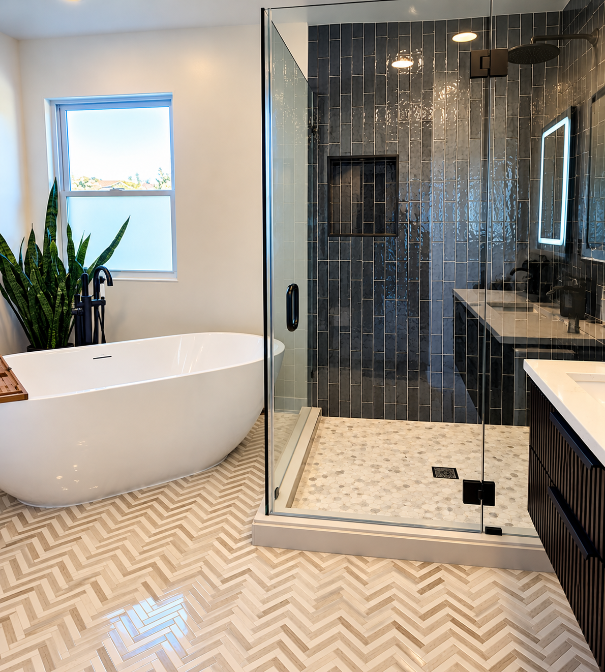 Completed bathroom remodel by Silvestre Construction featuring a white freestanding bathtub, glass-enclosed shower with dark wall tiles, and herringbone tile flooring.