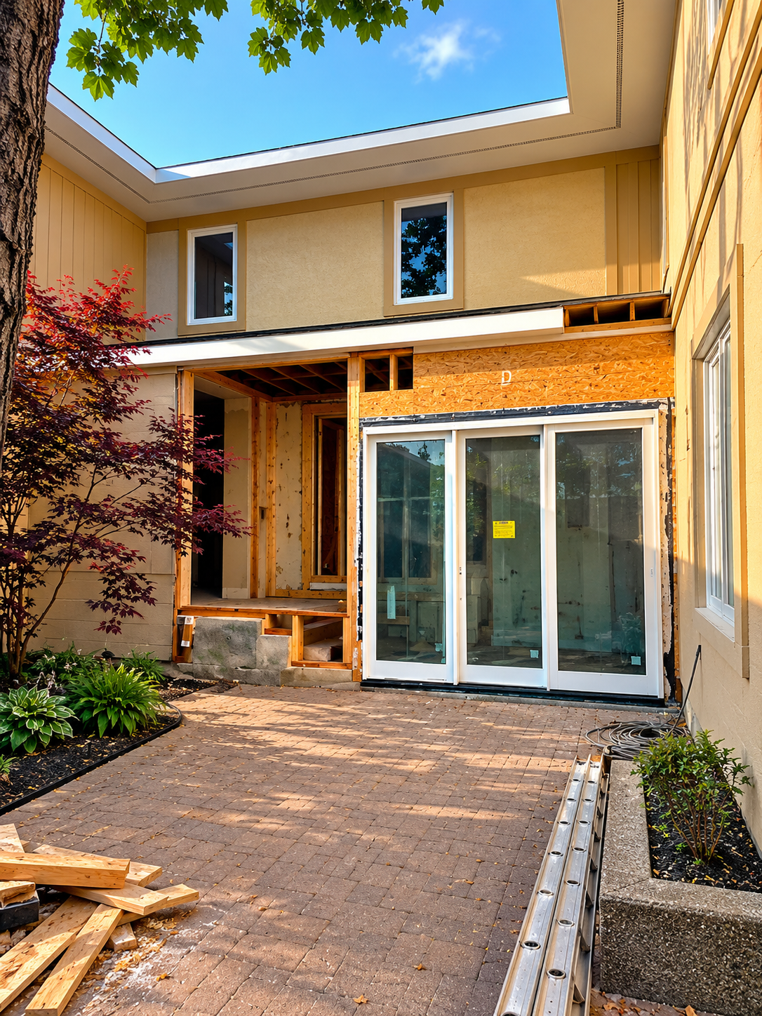 House exterior renovation in progress with large glass patio doors and unfinished wall cladding at a Silvestre Construction project.