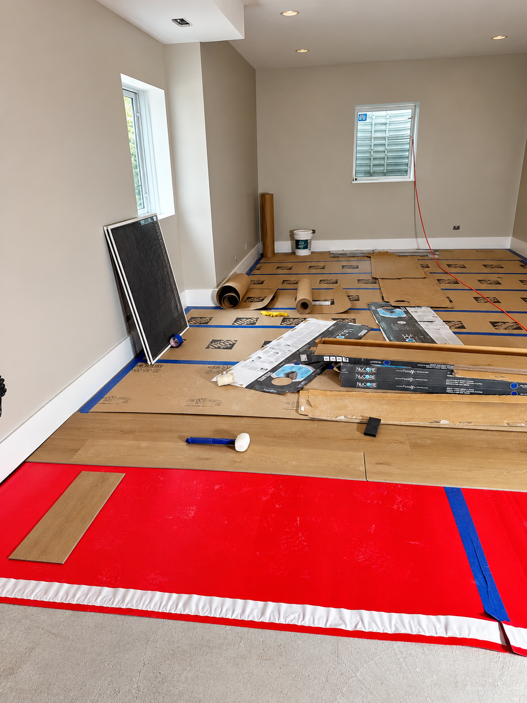 Wood-look plank flooring installation in progress with protective floor coverings and installation materials at a Silvestre Construction remodeling project