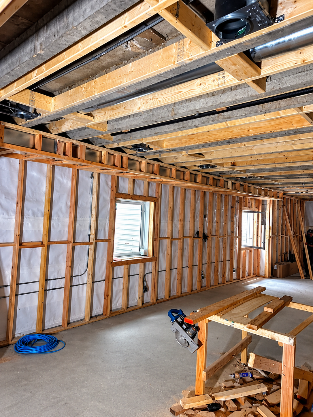 Interior remodeling project in progress showing exposed wooden wall framing, ceiling joists, and construction materials.