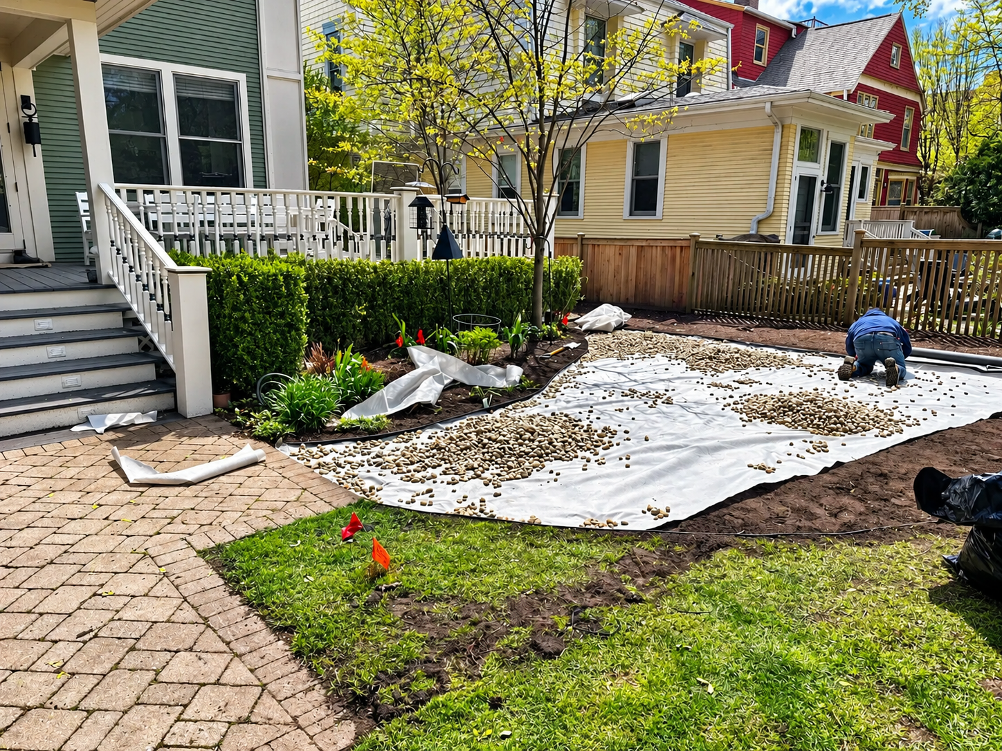 Outdoor landscaping work in progress with landscape fabric and gravel being placed beside a residential patio.